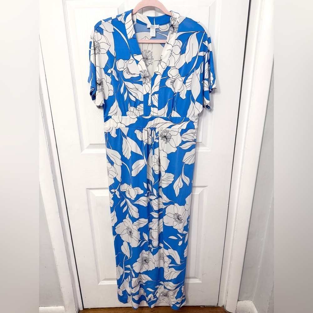 London Times Blue and White Floral Jumpsuit